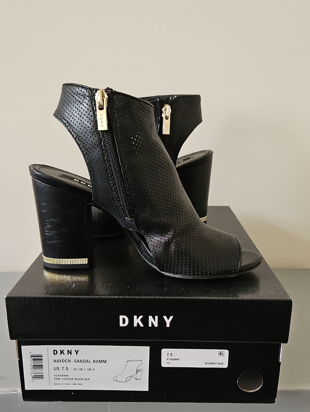 DKNY Black Perforated Leather Open-Toe Block Heel Sandals with Gold Accents
